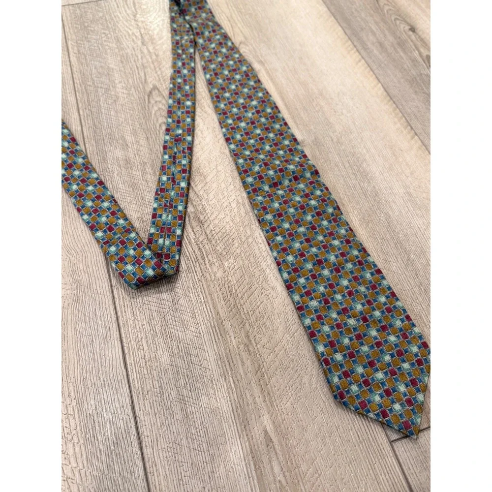 Ermenegildo Zegna Mens Silk Tie Geometric Mosaic Gold Burgundy Teal Italy 57 in